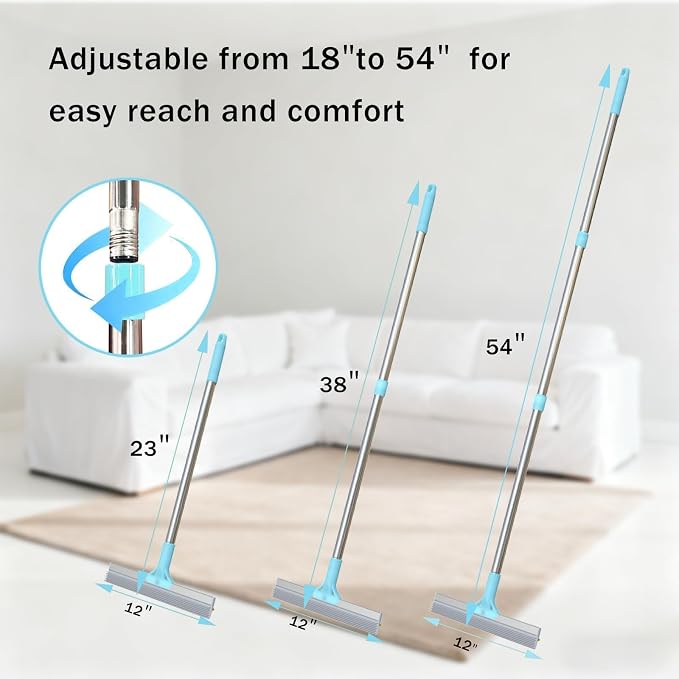 Lazyfeel Pet Hair Remover for Carpet & Upholstery, Adjustable Handle | Double-Sided Rubber Carpet Rake for Dog & Cat Fur. 4-Piece Kit: Rake, Mini Brush, Gap Scraper, Grooming Glove. Reusable.