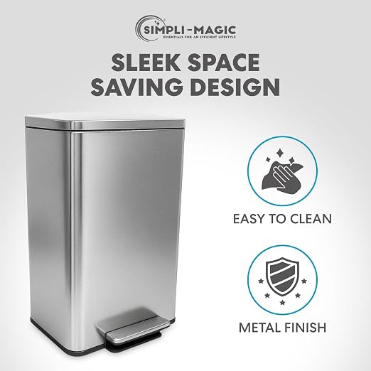 SIMPLI-MAGIC 50 Liter / 13.2 Gallon Soft-Close, Smudge Resistant Trash Can with Foot Pedal and Built in Filter- Stainless Steel, Sleek Finish