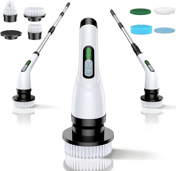 Electric Spin Scrubber for Bathroom: Shower Scrubber with Long Handle, Dual Speed Cordless Power Cleaning Scrub, 7 Brush Heads, IPX7 Waterproof Heavy Duty Cleaner Tools for Tub Tile Grout Wall