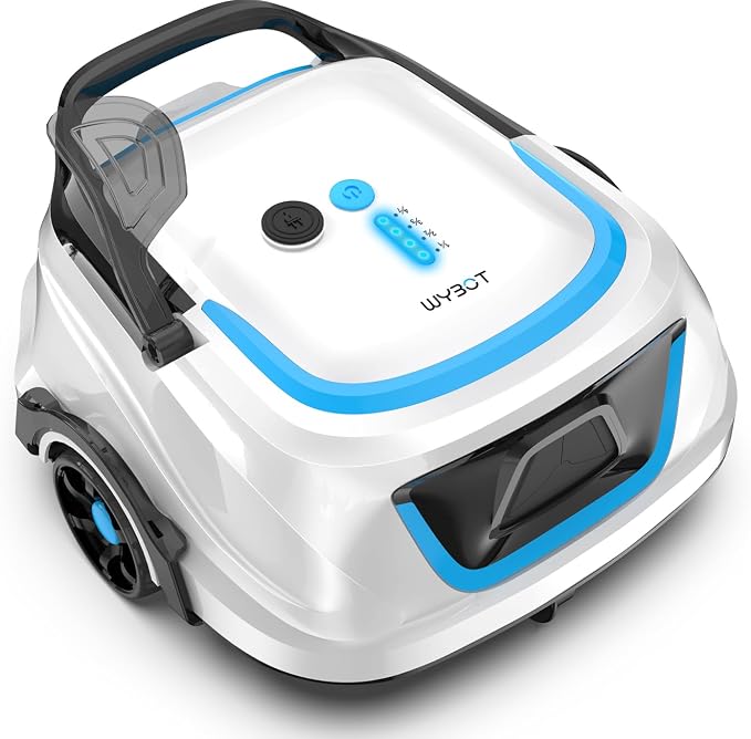 WYBOT A1 Robotic Pool Cleaner – Dual Layer Filtration, Strong Suction, 130 Mins Runtime, Robot Pool Vacuum for Above Ground & Flat Pools up to 1,100 Sq. Ft., 4 Cleaning Modes,White with Blue Accents