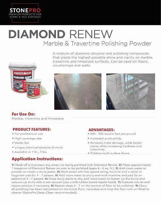 Diamond Renew Polishing Powder - Diamond Abrasive for Marble, Travertine & Limestone - Professional Grade - Restores & Enhances Shine - Easy to Use (3 lb)