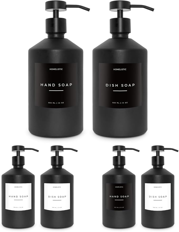 Luxury Glass Soap Dispenser Set of 2 - Elegant Black Glass Bottles with Matte Black Pumps, Ideal for Kitchen and Bathroom for Hand and Dish Soaps