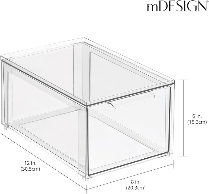mDesign Plastic Stackable Bathroom Storage with Pull Out Bin Organizer Drawer for Cabinet, Vanity, Shelf, Cupboard, Cabinet, or Closet Organization - Lumiere Collection - 2 Pack - Clear