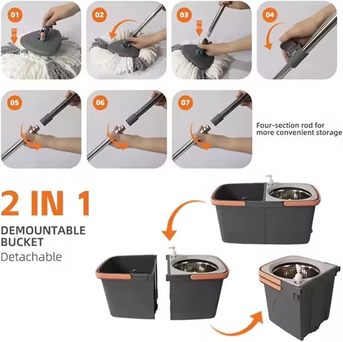360° Rotating Spin Mop and Foldable Bucket Set, Dual Clean & Dirty Water System, Hands-Free Easy Spin Wringing, Heavy-Duty Microfiber Mop with 2 Mop Heads for All Floor Types (TWINS - LV-A03-1)