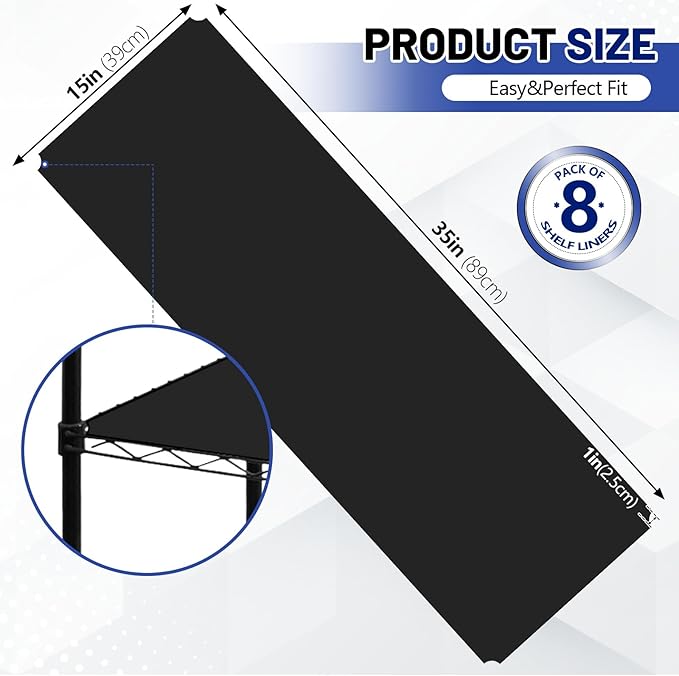 Sliner 8 Pack 16 x 36 Inch Wire Shelf Liner Black Plastic Waterproof Liners for Organizing Metal Rack Shelves, Kitchen Cabinets, Cupboard, Pantry