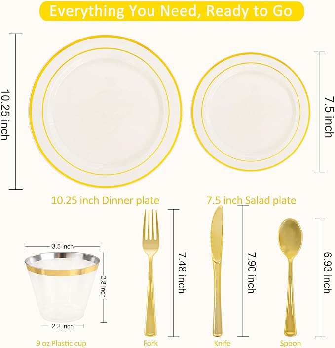 WELLIFE 210PCS Ivory Plastic Plates for 30 Guests - Gold Plastic Plates, Platos Para Fiestas Elegantes Desechables, Disposable Plate for Party and Wedding
