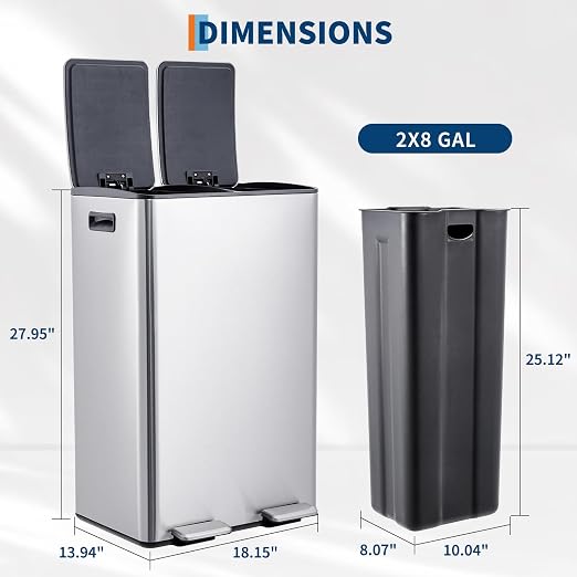 Garvee Kitchen Trash Can with Lid, 16 Gal / 60L (2 x 8 Gal) Dual Compartment Stainless Steel Garbage and Recycling Bin Combo with Independent Step Pedals & Removable Inner Buckets