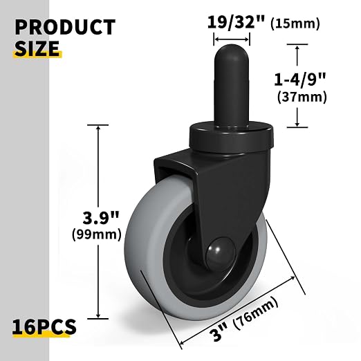 AAGUT Mop Bucket Casters Replacement 3" Set of 16 Swivel Bayonet Caster Non-Marking Thermoplastic Rubber Wheels Compatible with Rubbermaid Models& Wavebrake