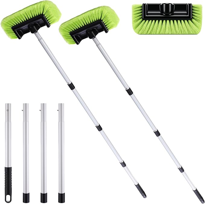 2 Pack 58 Inch Extendable Car Wash Brushes, Soft Bristled Scratch Free Cleaning System with Long Handle, Universal Cleaning Tool Set for Vehicles Home Windows Tires Snow Removal (Green)