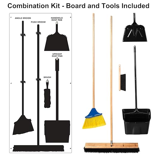 Clean & Sweep 5S Shadow Board/Wall Mount Broom Holder, 68" x 30" Board, 5S Cleaning Station - with Broom and Dustpan Set Included, Made in The USA by AccuformNMC, White/Black, PSB616WTBK