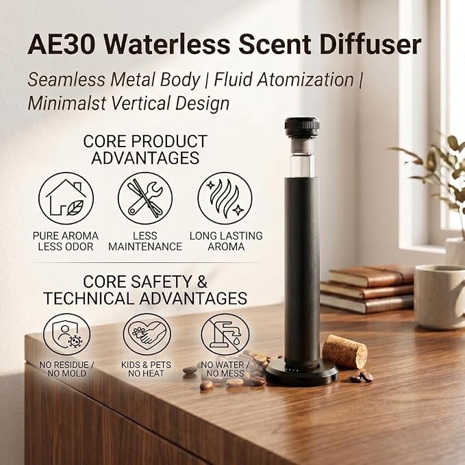 Waterless Essential Oil Diffuser Cold Air Nebulizing Desk Scent Diffuser | Smart essential oil diffuser large room. A sleek office diffuser and bluetooth diffuser for pure fragrance