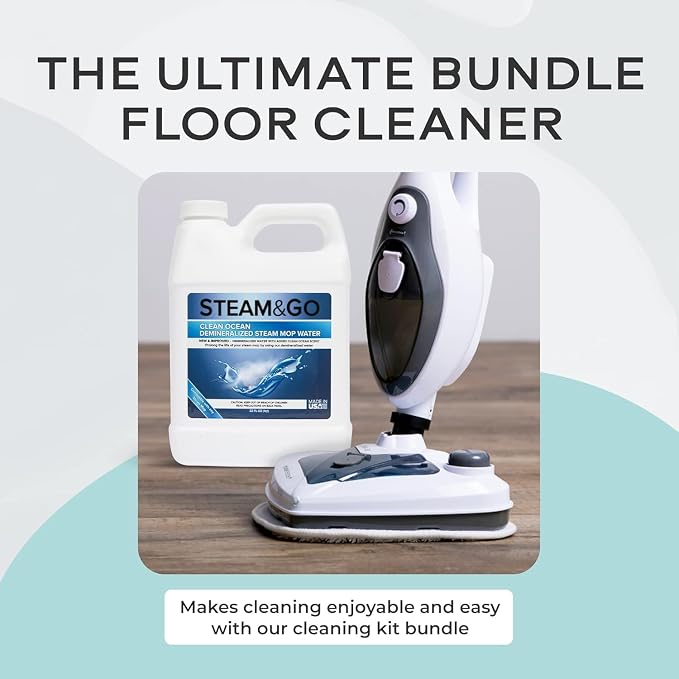 Steam & Go - The Housekeeper Steam Cleaner For Floors & Demineralized Water Bundle, 10-in-1 Hard Floor Cleaner Machine & Grout Steam Cleaner with Floor Cleaning Solution, Clean Ocean, 32 oz