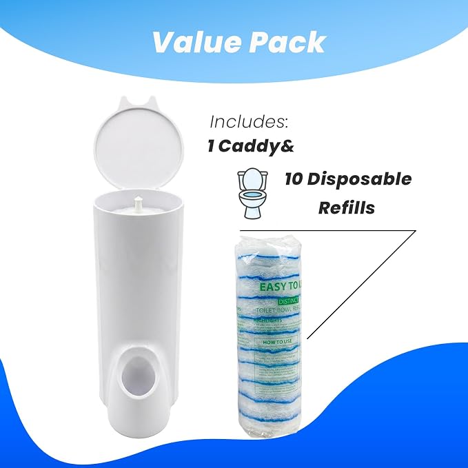 Toilet Wand Holder (No Wand) 1 Caddy & 10 Packs Brush Refills Only, Disposable Brush Kit, Stand Toilet Cleaning Starter Kit, Wall Mounted Storage Caddy, Refills Container for Cleaning Supplies