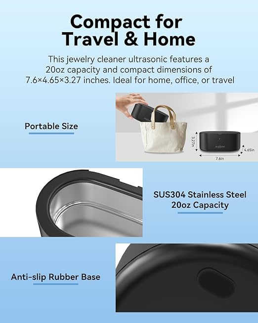 JeaTone Ultrasonic Jewelry Cleaner, 46KHz Professional Ultrasonic Cleaning Machine for Rings, Eyeglasses, Retainers, Dentures & Watches, 20oz Stainless Steel Sonic Cleaner Pod (Black)