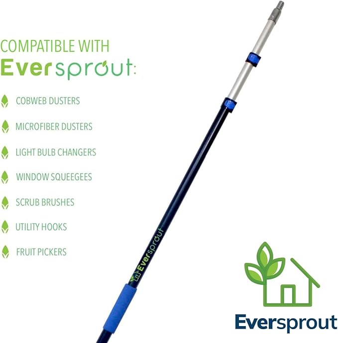 EVERSPROUT Pro 5-to-12 Foot Telescoping Extension Pole (3-Stage), Lightweight Anodized Aluminum with Flip-Tab Lock, ACME Threaded for Cleaning, Painting and More