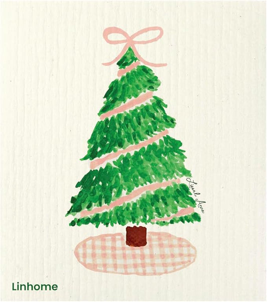 Christmas Holiday Swedish Dishcloth, Reusable Paper Towel, Super Absorbent Cellulose Sponge, Washable Kitchen Cleaning Cloth (Gingham Holiday Tree - 1 Pack)