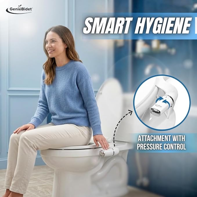 GenieBidet Bidet Attachment for Toilet - Ultra-Slim Hygienic Bidet Attachment For Existing Toilets - Bidet Toilet Seat Attachment with Pressure Controls - Travel Bidet Included (Left Hand Operation)