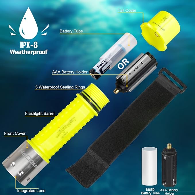 Diving Flashlight with Rechargeable Power Scuba Dive Light IPX8 Waterproof Underwater Flashlight Snorkeling Diving LED High Lumens Torch, 3 Modes with Charger for Underwater Sports(2Pack)