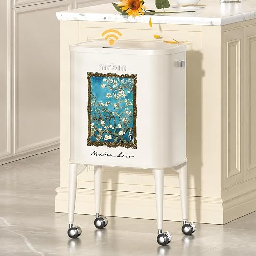 MRBIN Metal Motion Sensor Kitchen Trash Can with Wheel Legs, Medium Press Lid Slim Waste Basket 36L / 9.5gal, Narrow Garbage Pail for Vanity, Bedroom, Bathroom, Living Room, Almond Blossom