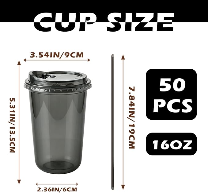 16oz Disposable Stemless Glasses With Strawless Sip Lids and Straws,PET Disposable Drinking Cups,Clear Plastic Wine Glasses for Parties Birthday,Wedding,Meeting,Party Supplies. (50, Black)