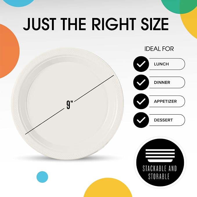Exquisite Party Solids Ivory Plastic Plates For Party Supplies 9" Ivory Disposable Plates Heavy Duty 50 Pcs Plastic Dinnerware Sets Heavy Duty 350 GSM Disposable Dinnerware Set