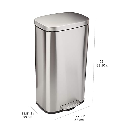 Amazon Basics Smudge Resistant Rectangular Trash Can with Soft-Close Lid, Foot Pedal, Removable Inner Bucket, 30 Liter/7.9 Gallon, Brushed Stainless Steel, Satin Nickel Finish, 13.8"L x 11.8"W x 25"H