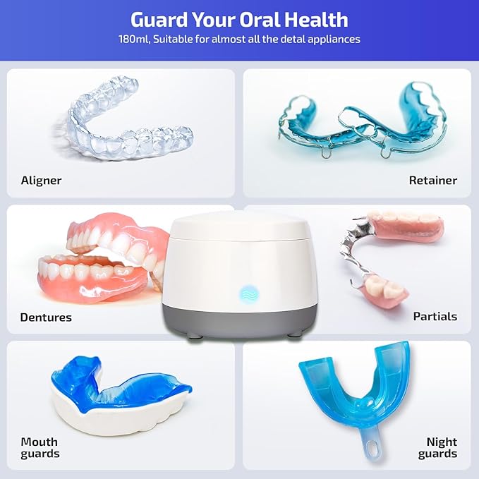 Dental Ultrasonic Retainer Cleaner Machine: 43kHz Dental Cleaning Pod - Deep Cleaning for Dentures, Mouth Guards, Aligners, Night Guards, Braces, Toothbrush Heads & Jewelry