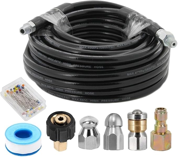 SUNTAI Sewer Jetter Kit for Pressure Washer 50FT, 5800PSI Drain Cleaner Hose 1/4 Inch NPT, Corner, Button Nose and Rotating Sewer Jetting Nozzle