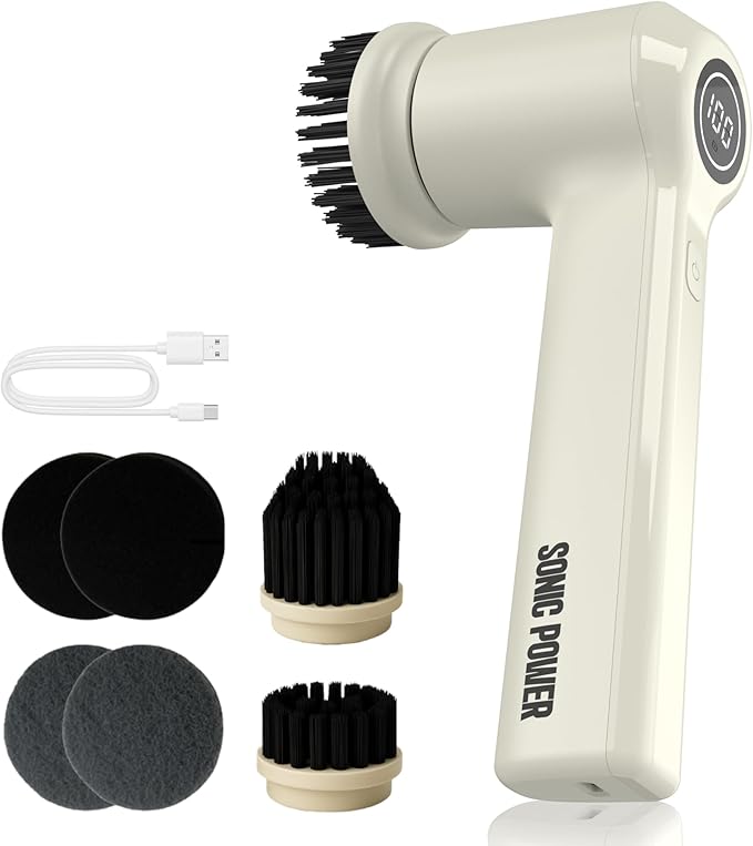 SonicPower Electric Spin Scrubber – Handheld & Ergonomic, IPX7 Waterproof, 4 Multi-Purpose Brush Heads, Long-Lasting Rechargeable Battery – Cleans Dishes, Bathroom, Tile, Grout & Kitchen (Beige)