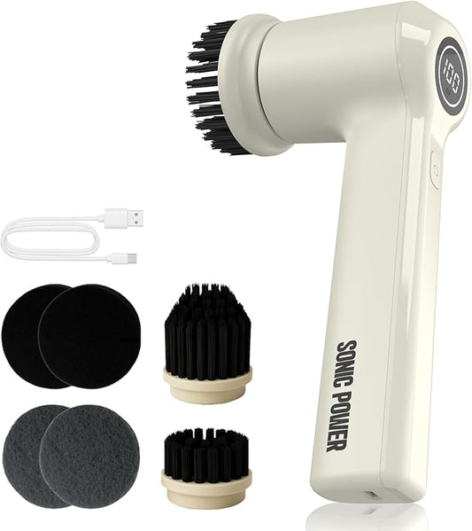 SonicPower Electric Spin Scrubber – Handheld & Ergonomic, IPX7 Waterproof, 4 Multi-Purpose Brush Heads, Long-Lasting Rechargeable Battery – Cleans Dishes, Bathroom, Tile, Grout & Kitchen (Beige)