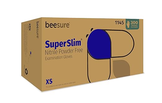 BeeSure BE1145 Superslim Nitrile Powder Free Exam Gloves, 2.5 mil, Blue, X-Small (Pack of 300)