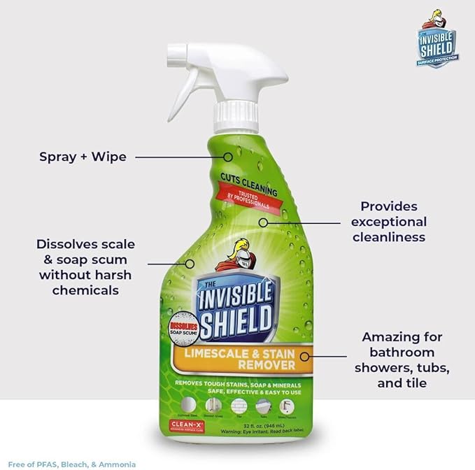 Invisible Shield Limescale & Stain Remover 32 fl. oz - Spray Away Hard Water & Soap Scum by UNELKO- Clean-X 2 pack