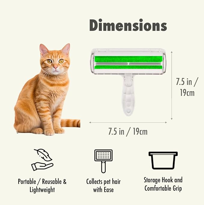 Roller Pet Hair Remover and Reusable Lint Roller - Cat and Dog Hair Remover for Furniture, Carpet, Clothes, Bedding and Car Seats- Lightweight, Multi-Surface Fur Removal Tool (Green)