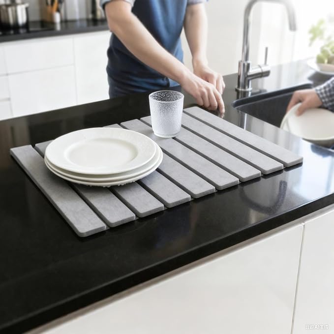 Large Stone Dish Drying Mat for Kitchen Counter, 24"×16" – Quick Drying Diatomaceous Earth, Super Non-Slip, Absorbent, Birthday Gfts for Women Mom Grandma (2PCS Dark Gray, 24" x 16"& 8" x4 ")