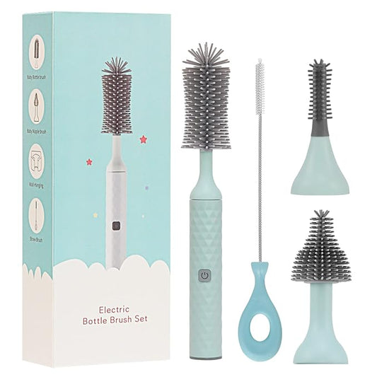 Electric Baby Bottle Brush Set with Electric Bottle Brush and Silicone Bottle/Nipple Brush, Long Straw Cleaner, Rechargeable Bottle Cleaner Electric,Waterproof Water Bottle Cleaner,Blue
