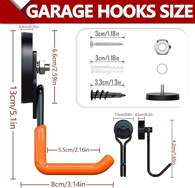 3-H Extra Strong Magnetic Hooks,Heavy Duty Large Anti-Slip Magnet Hooks,No-Drill Tool Holder for Garage,Power Drill,Garden Tools,Hose Storage,2 Pack Orange