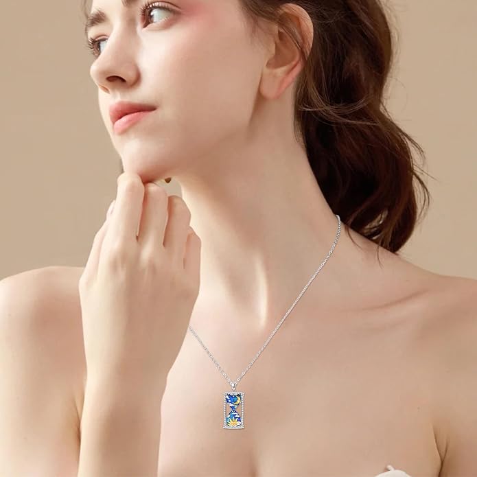 Hourglass Necklace 925 Sterling Silver Sun Moon Star Time Hourglass Pendant Necklaces Blue Memorial Jewelry for Women With 18+2 In Chain