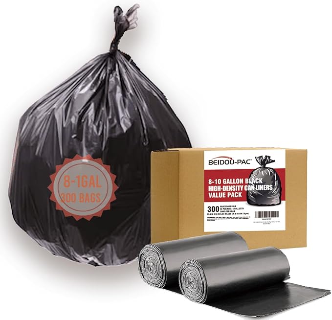 BEIDOU-PAC 8-10 Gallon Trash Bags, 300 Count Black Garbage bags, Multi-purpose Trash Can Bin Liners for Bathroom, Office, Industrial, Commercial, Janitorial, Municipal, Recycling