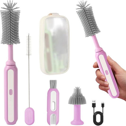 Electric Baby Bottle Brush Cleaner, 5-in-1 Travel Kit with Storage Bag, Food-Grade Silicone, Long Battery Life, Portable Baby Bottle Cleaner Brush Set, Ideal Gift for Parents & Babies (Purple)