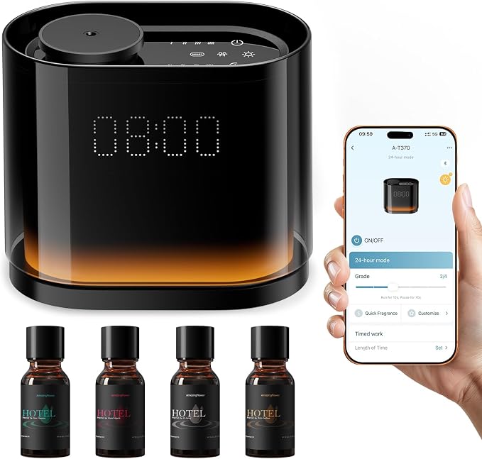 Smart Waterless Essential Oil Diffuser with 4 Hotel‑Inspired Oils | Touch & App Control, Light, Clock & Schedule – Corded Electric Air Scent Diffuser Starter Kit for Home Office