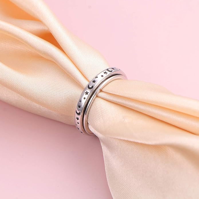 S925 Sterling Silver Spinner Fidget Anxiety Worry Relieving Boredom ADHD Autism Band Rings