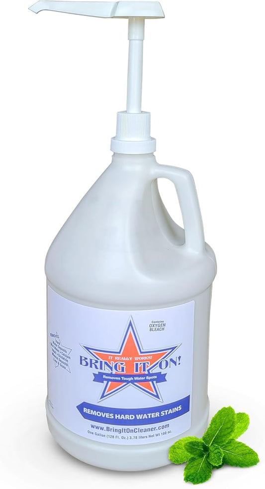 Bring It On Cleaner- 128 Oz Shower Door Hard Water Spot Stain Remover with OXYGEN BLEACH. Safely Clean Shower Door Glass, Tiles, Taps, Grout and Fiberglass