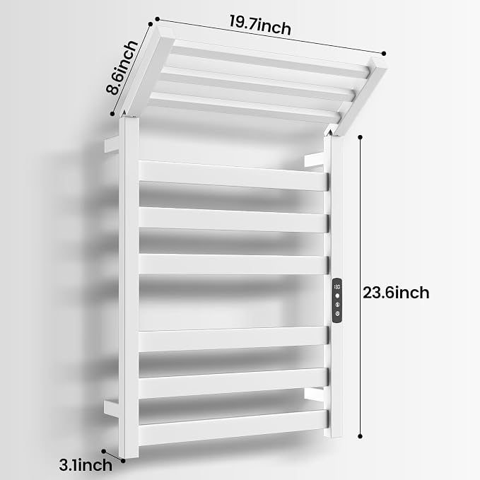 Tower Warmer Rack, 6 Bars Stainless Steel Wall Mounted Electric Heated Towel Rack for Bathroom, Built-in Timer, Hard-Wired & Plug in, Glossy Black (White)