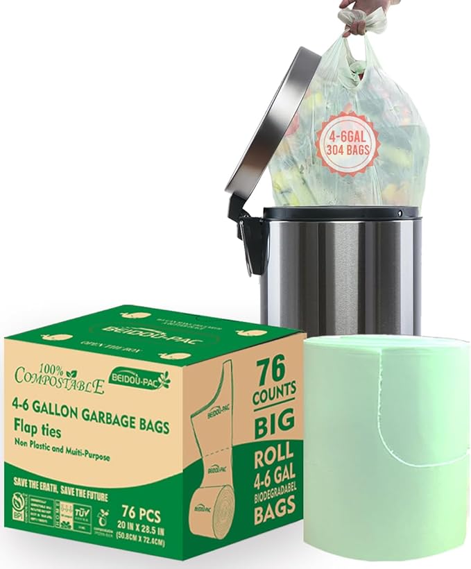 BEIDOU-PAC 4-6 Gallon Flap Tie Compostable Trash Bags, 76 Count, Kitchen Compost Bags, Sturdy Biodegradable Garbage for Food Scrap Waste, ASTM D6400, US BPI Certified