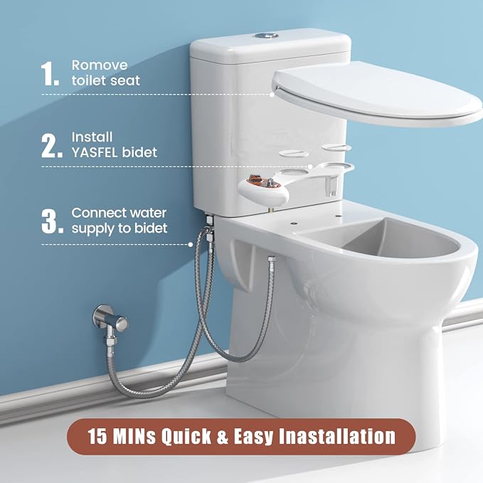 YASFEL Bidet, Self-Cleaning Bidet Attachment for Toilet - Non Electric Dual Nozzles Cold Water Bidet Toilet Seat Attachment with Adjustable Pressure Control, for Frontal & Rear Wash (Wood Color)