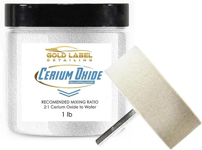 Optical Grade Cerium Oxide 1lb Glass Repair Powder | Glass Window and Windshield Repair | Optical Grade, for use with Camera, Scope, Binocular Lens (1lb with 3" Felt Bob Wheel)