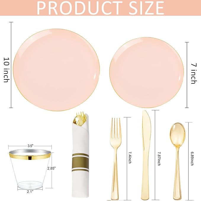KIRE 175PCS Pink Plates Disposable - Heavy Duty Pink and Gold Plastic Plates Dinnerware Sets - 25 for Dinner 25 for Dessert 25 Pre Rolled Napkins 25Cups for Spring/Wedding/Party/Baby Shower