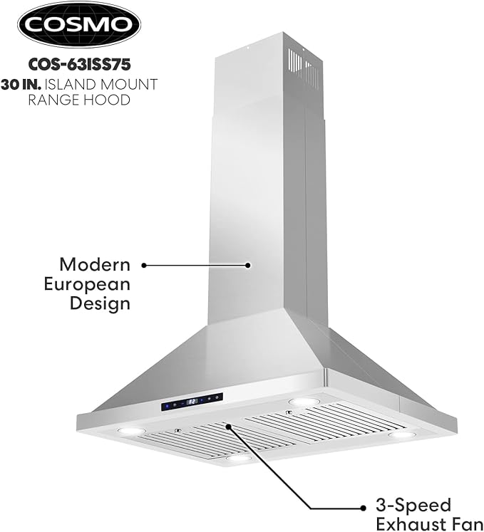 COSMO COS-63ISS75 30 in. Lumin Collection 380 CFM Ducted Island Range Hood, Soft Touch Controls, LED Lights, Stainless Steel