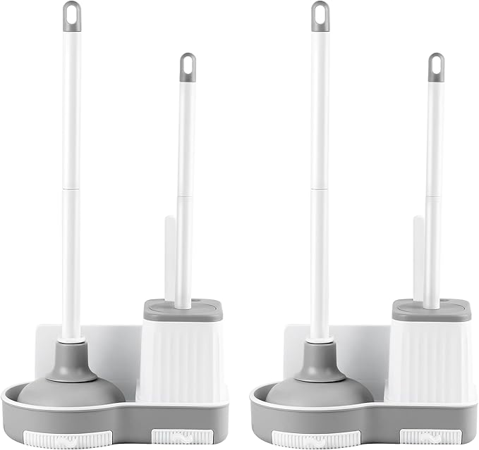 2 Pack Toilet Brush and Plunger Set, 3 in 1 Toilet Bowl Brush and Holder with Crevice Cleaning Brush Wall Mounted Household Bathroom Cleaning Tools Combo (2 Pack)