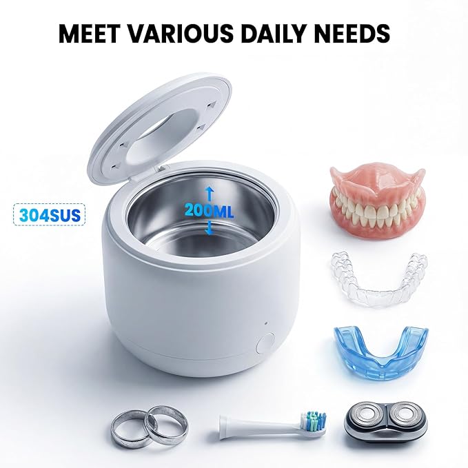 Ultrasonic Retainer Cleaner Machine - 44kHz Dental Pod for Night Guards, Mouth Guards, Dentures, Aligner & Jewelry- 200ML, White